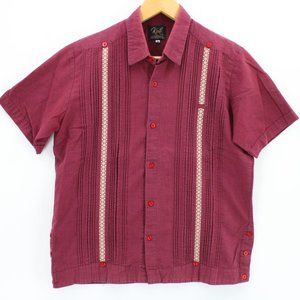 Vintage KOH Guayabera Shirt Mens Red Button Down Short Sleeve Collared Size M